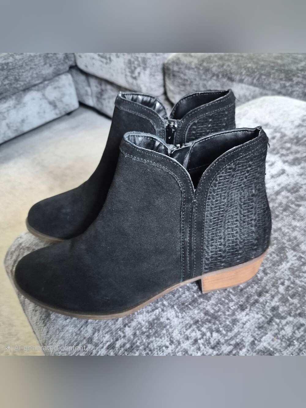 New- Kelsie Women's Black Suede Ankle Boots with Textured Heel Size 10